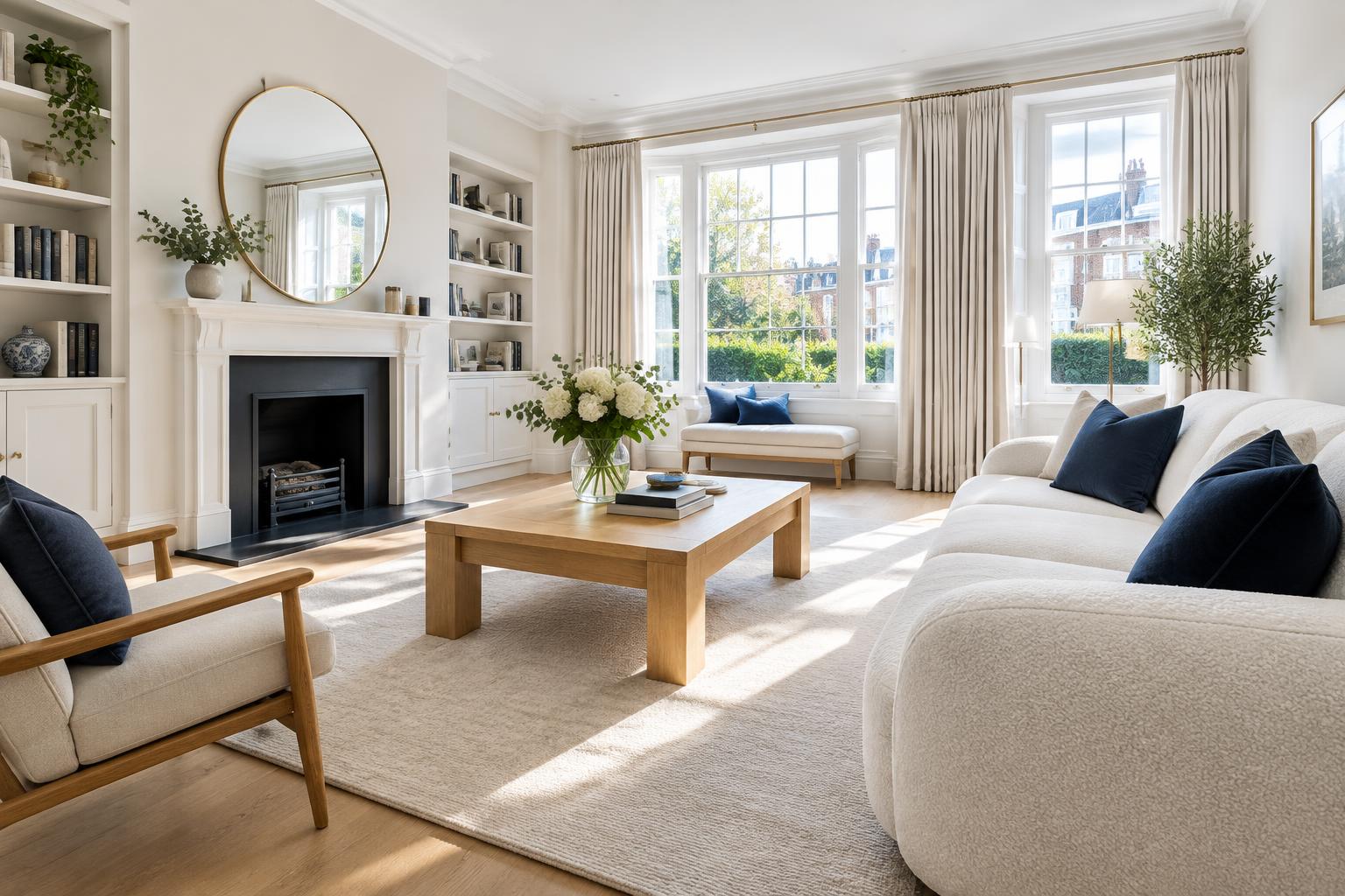 A bright, beautifully clean living room with navy cushions and fresh flowers